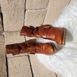 Jessica Simpson Tylera Tan Lima Leather  Multi Buckles Boots 91/2 M